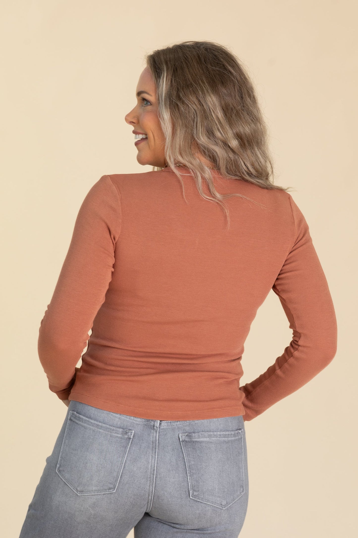 Basic Solid V-Neck Baby Ribbed Knit Tops