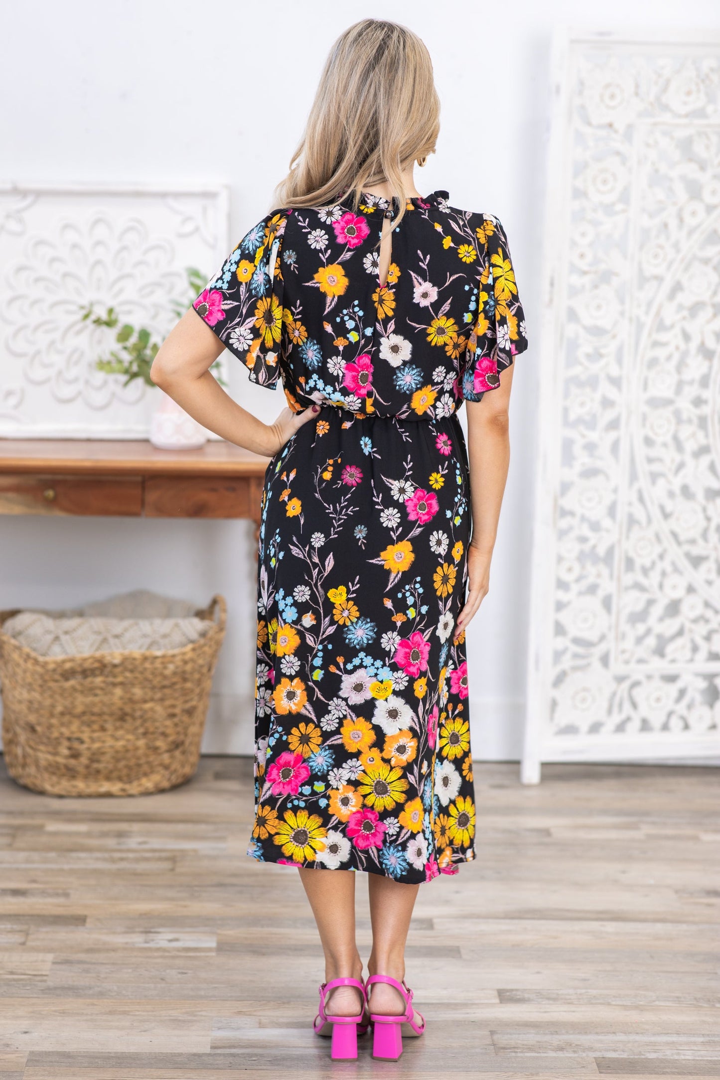 Black Floral Frilled Mock Neck Midi Dress