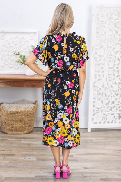 Black Floral Frilled Mock Neck Midi Dress
