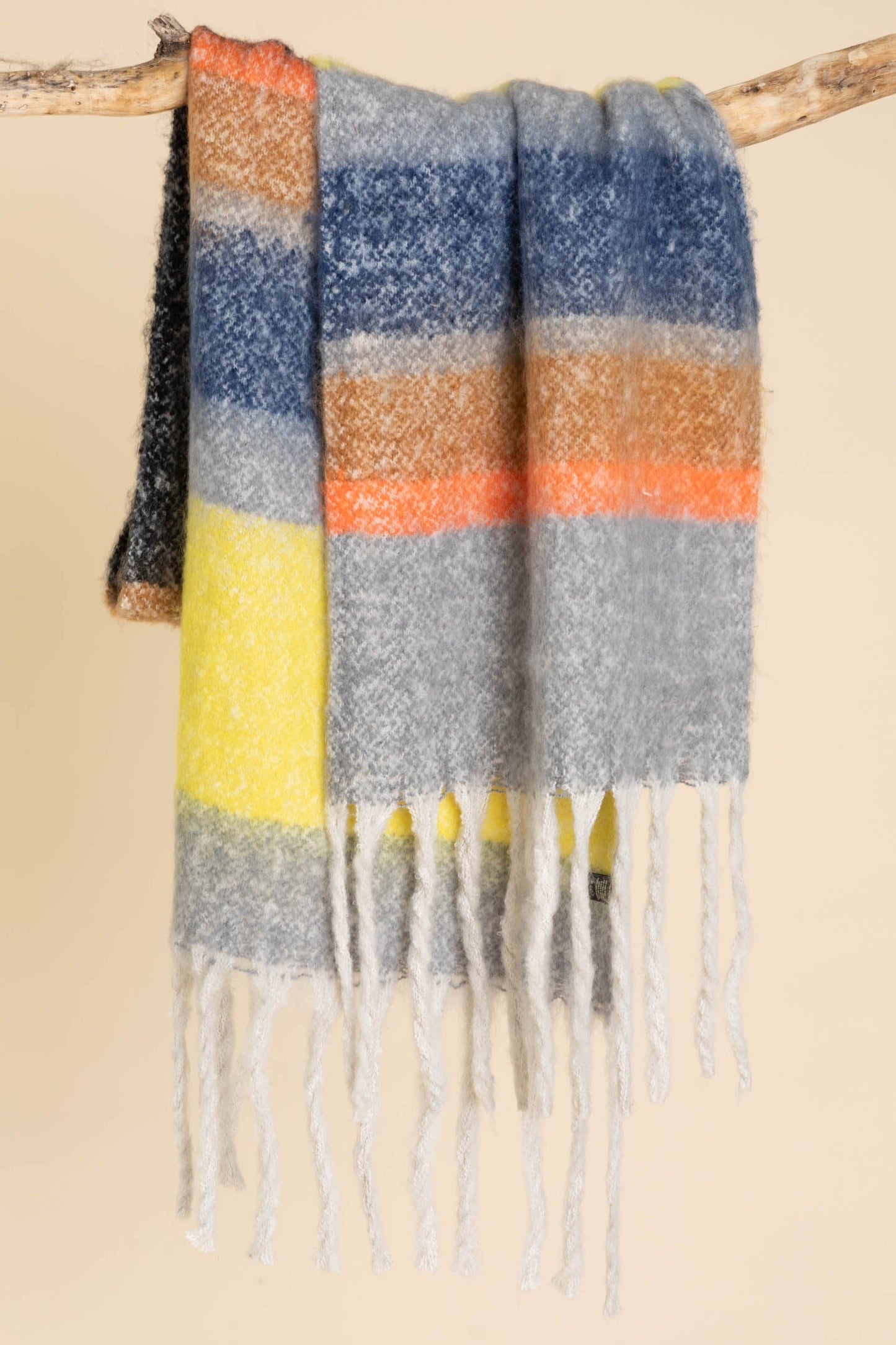 Black Multicolor Stripe Scarf With Fringe