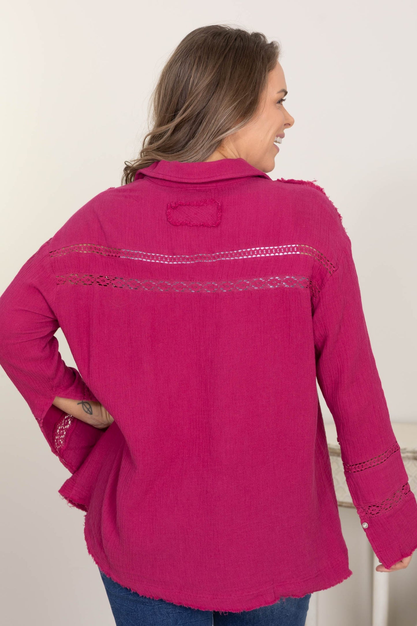 Berry Garment Washed Lace Insert Button Down