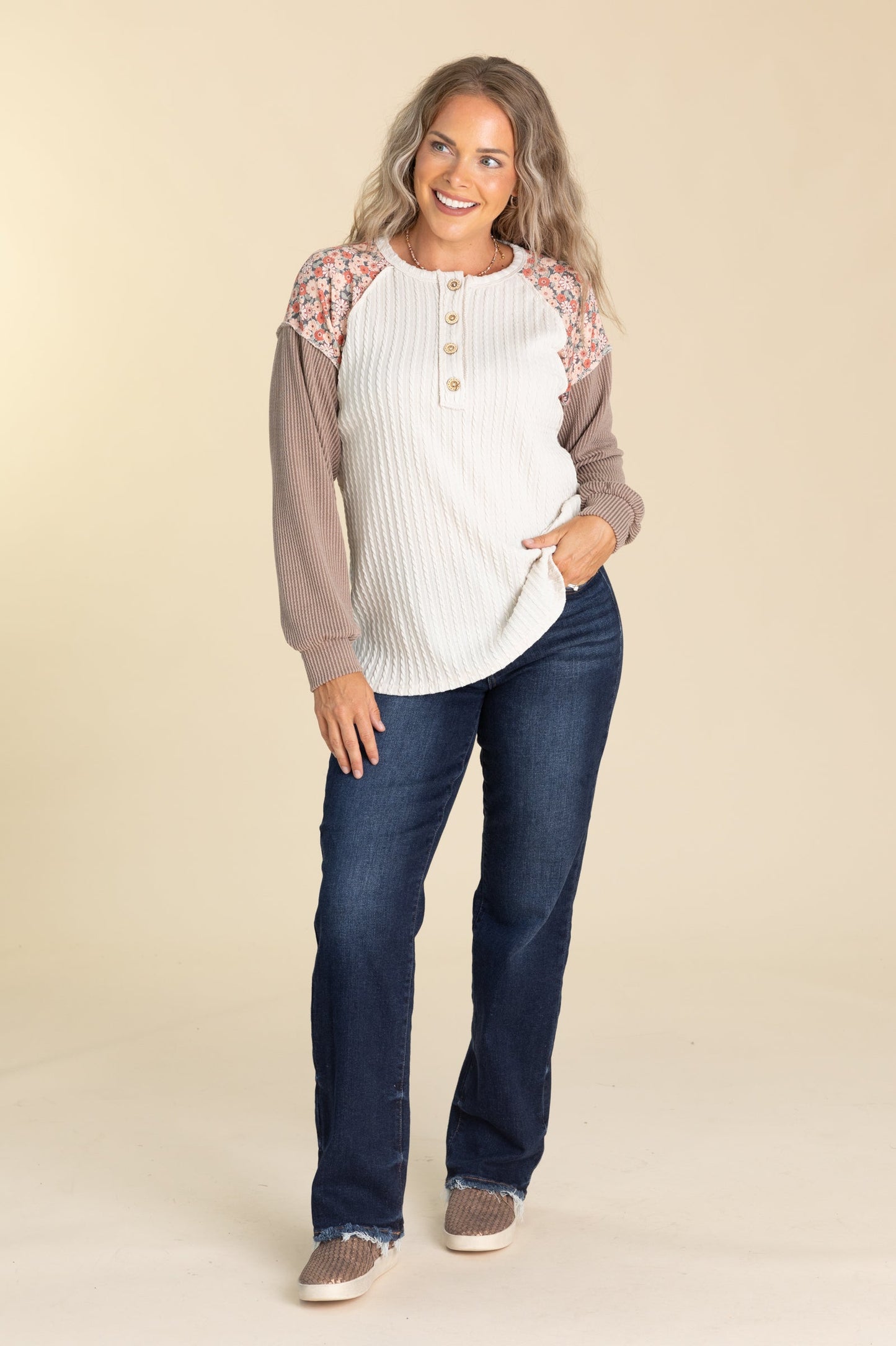 Beige Floral Contrast Long Sleeve Knit Top