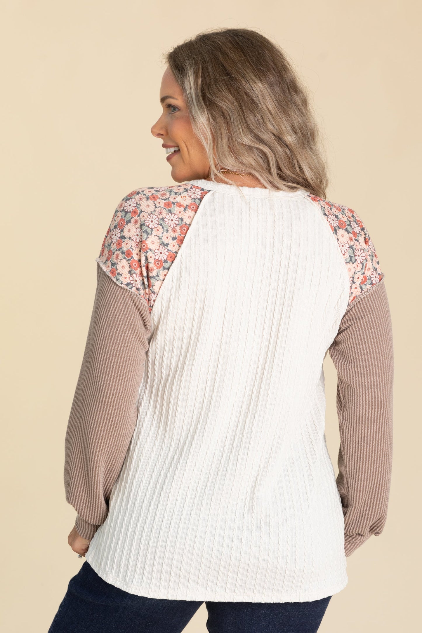 Beige Floral Contrast Long Sleeve Knit Top