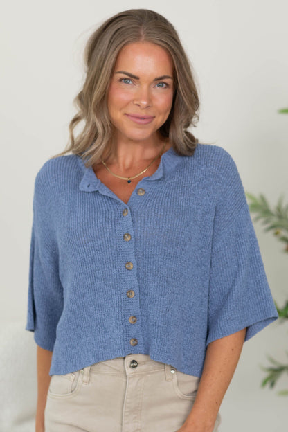 Boxy Short Sleeve Button Down Knit Cardigan