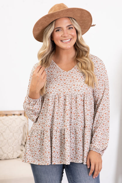 Beige Ditsy Floral V-Neck Tiered Knit Top
