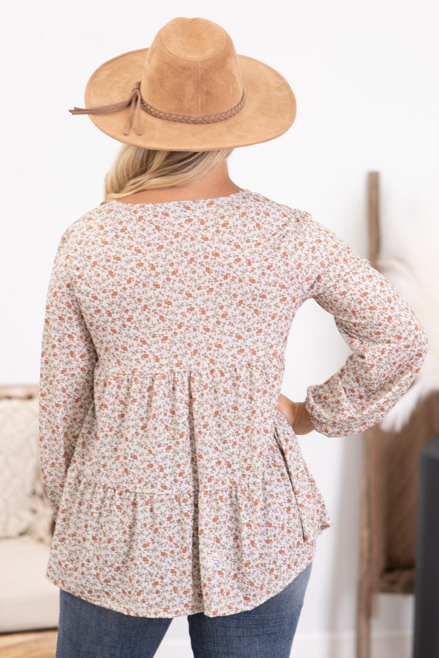 Beige Ditsy Floral V-Neck Tiered Knit Top