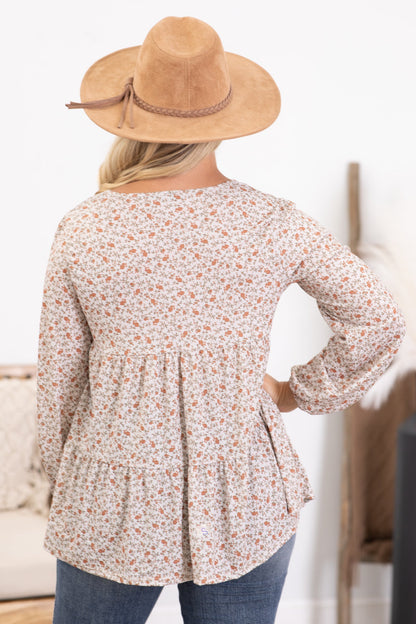 Beige Ditsy Floral V-Neck Tiered Knit Top