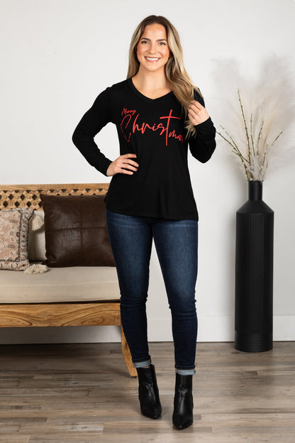 Black Merry Christmas Knit Long Sleeve Top