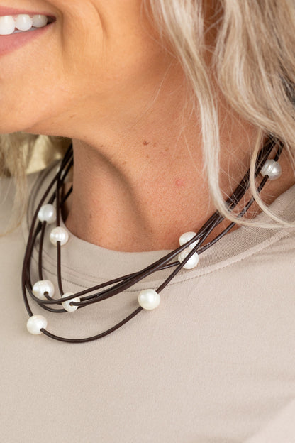 5 Strand Leather Necklace With Pearl Beads