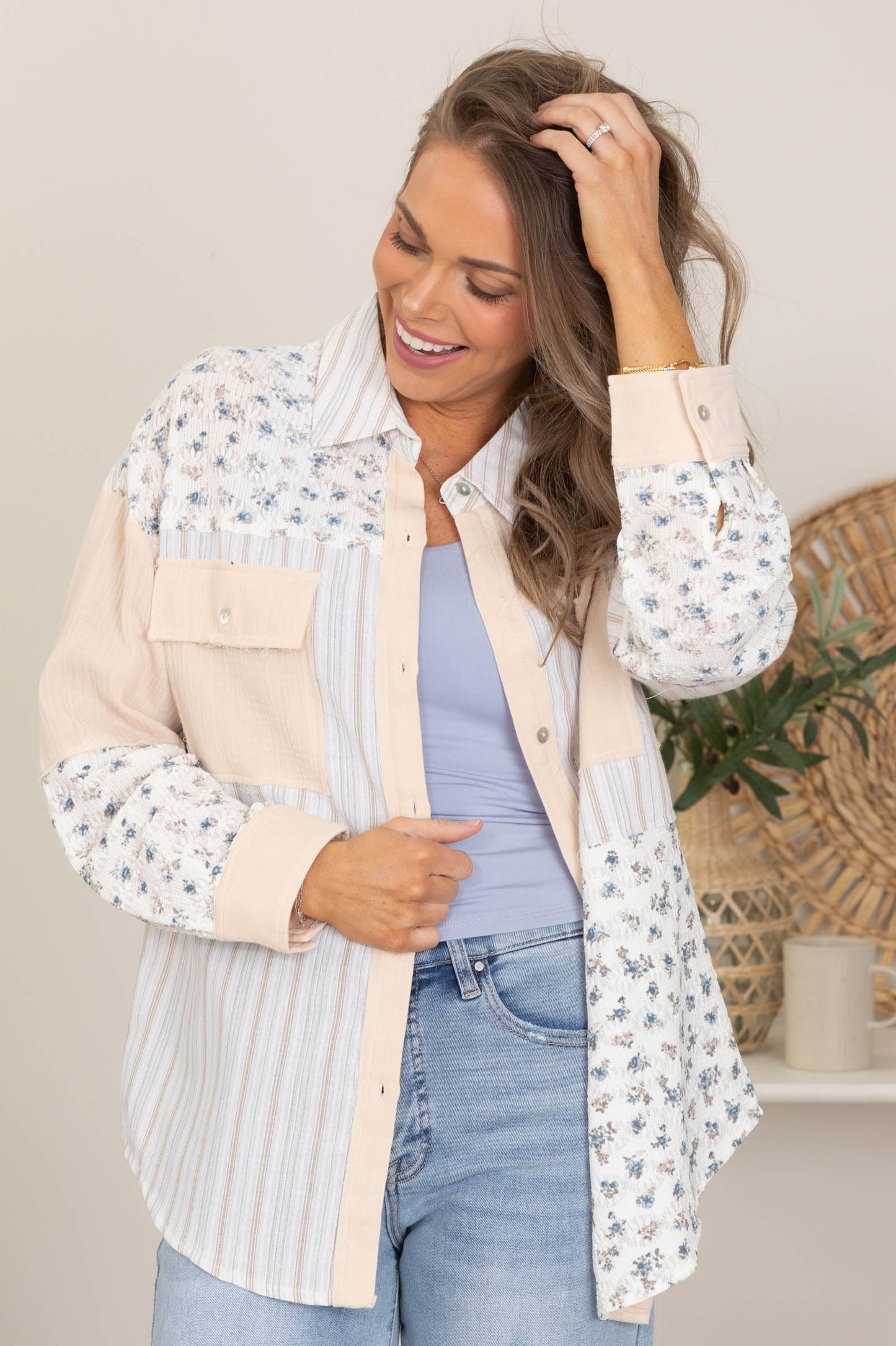 Beige Floral And Stripe Button Up Top