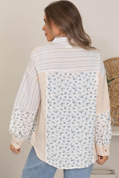 Beige Floral And Stripe Button Up Top