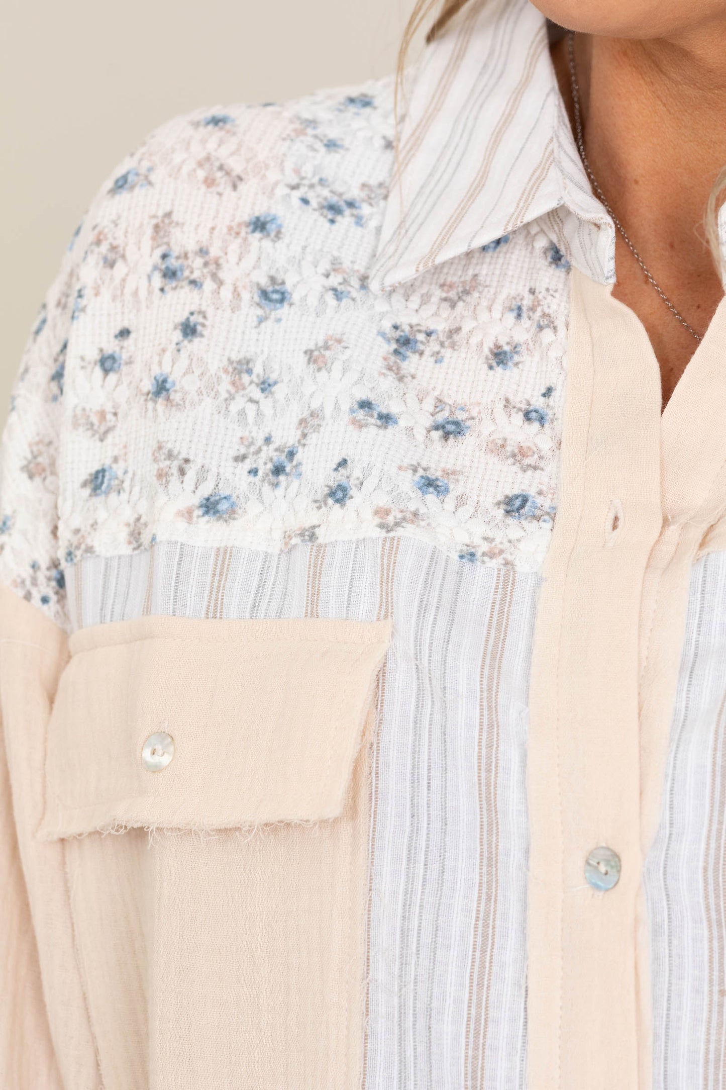 Beige Floral And Stripe Button Up Top