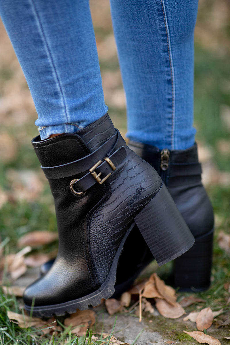 Black Buckle Detail Tall Booties