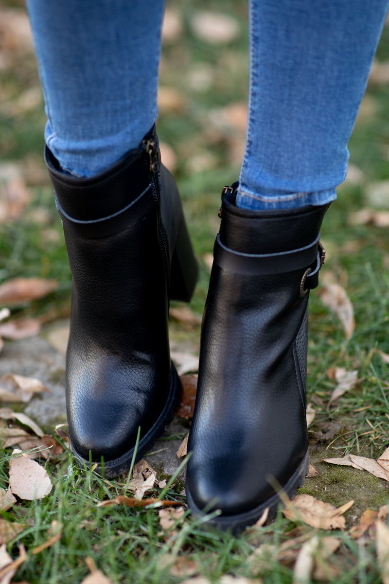 Black Buckle Detail Tall Booties