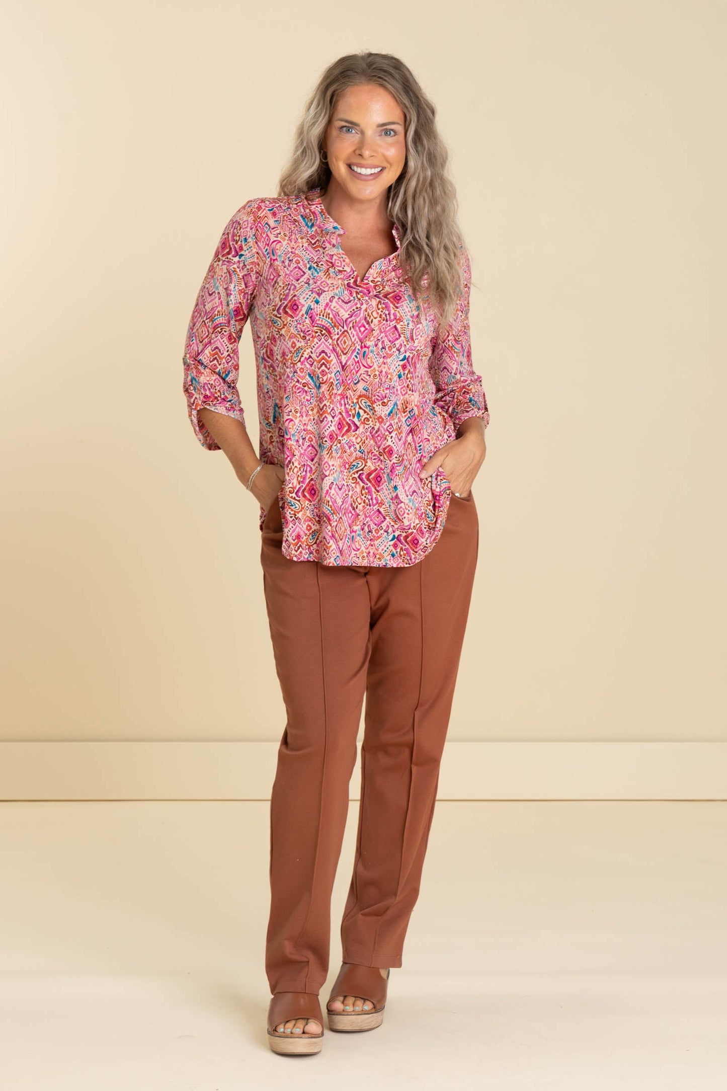 Beige Printed Lizzy Wrinkle Free Top