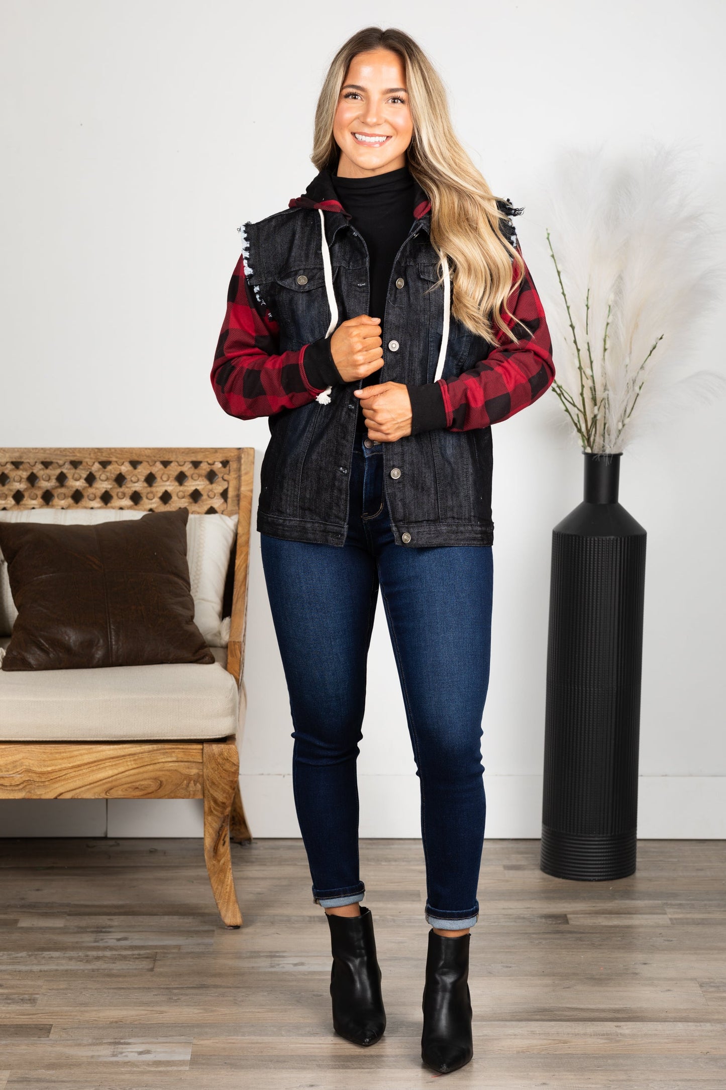 Black With Buffalo Plaid Denim Jacket