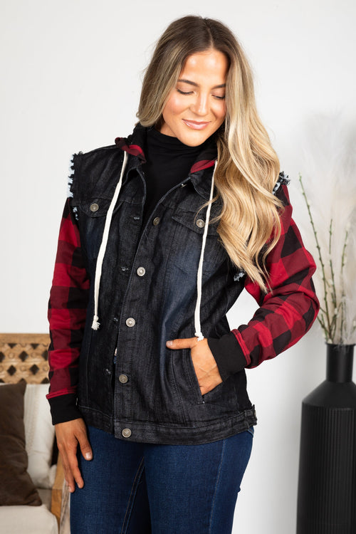 Black With Buffalo Plaid Denim Jacket