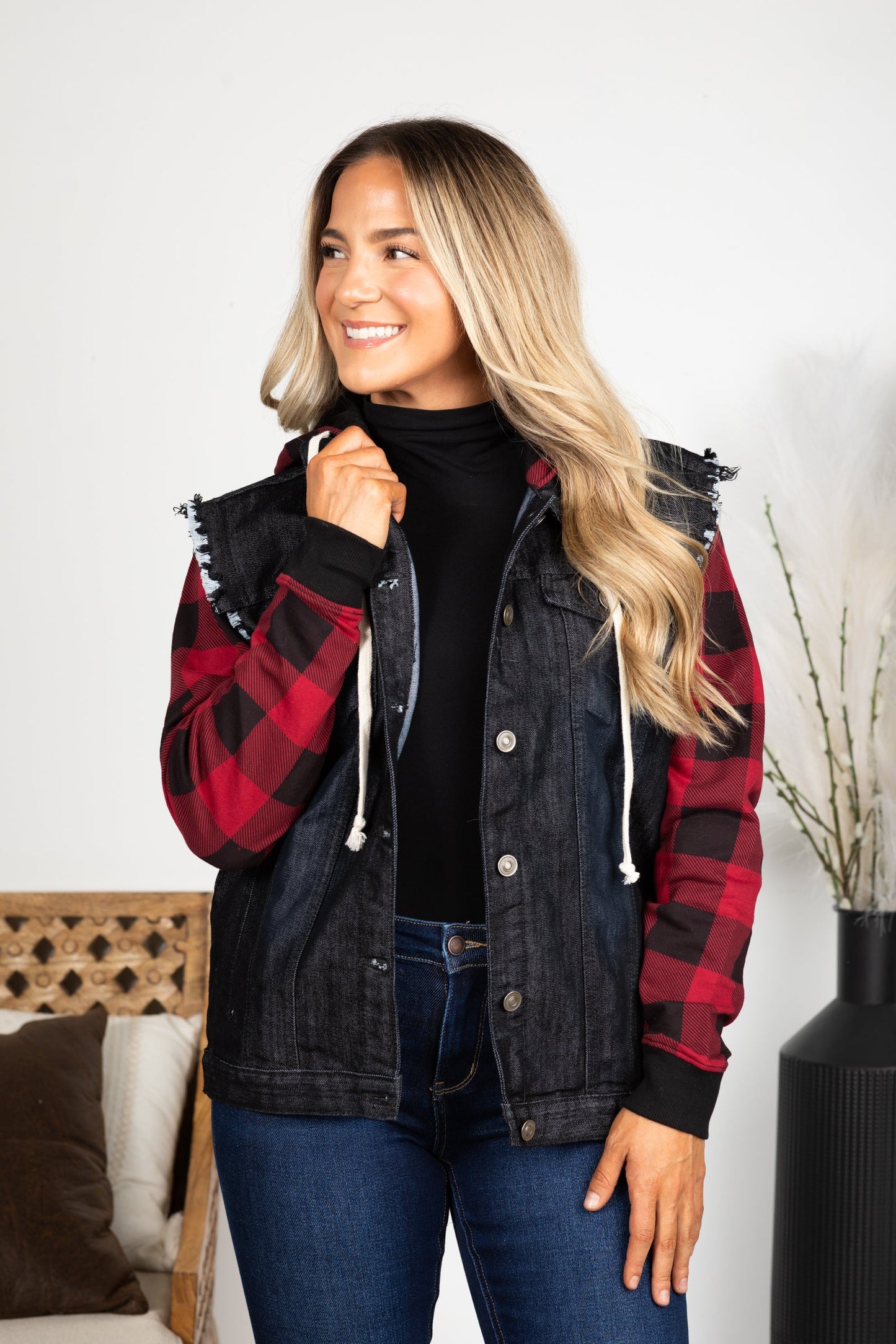 Black With Buffalo Plaid Denim Jacket