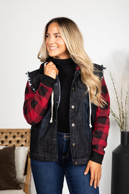 Black With Buffalo Plaid Denim Jacket