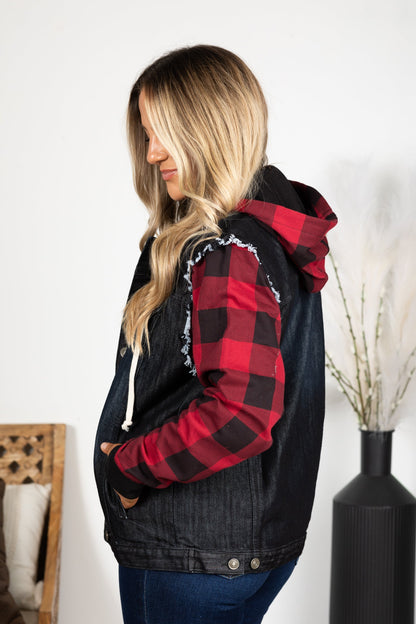 Black With Buffalo Plaid Denim Jacket