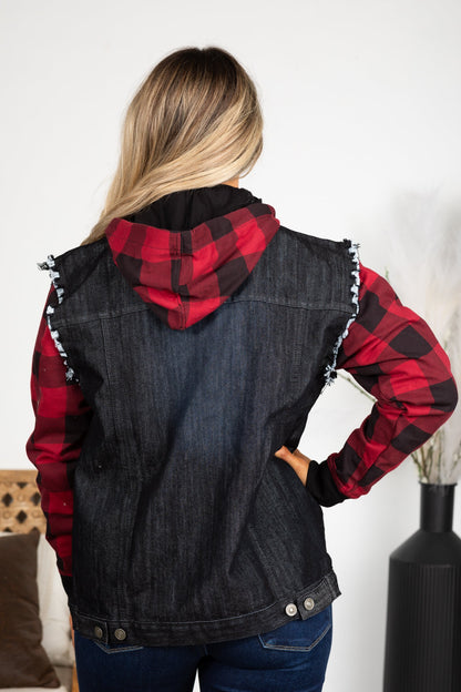 Black With Buffalo Plaid Denim Jacket
