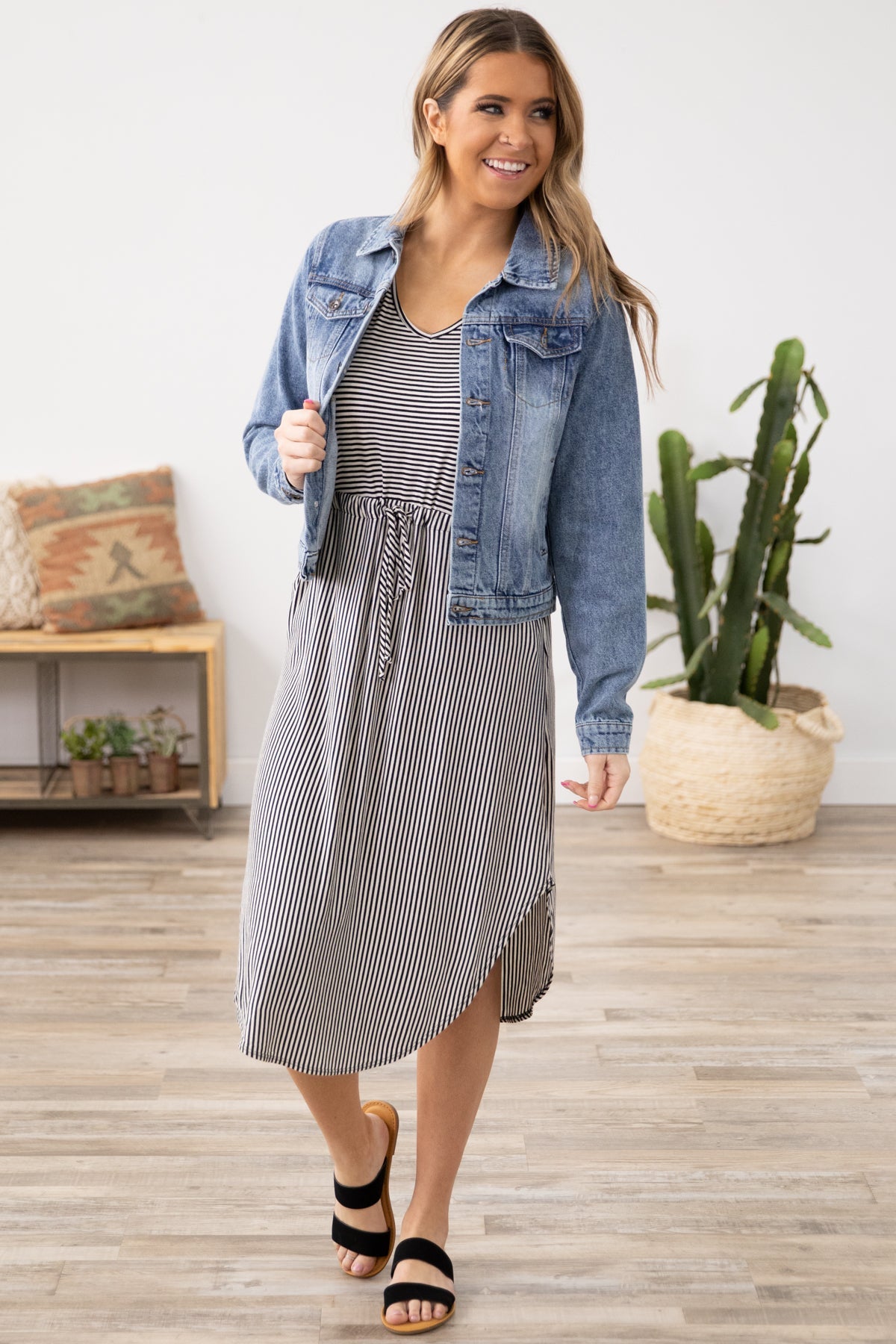 Black Stripe Drawstring Waist Midi Dress