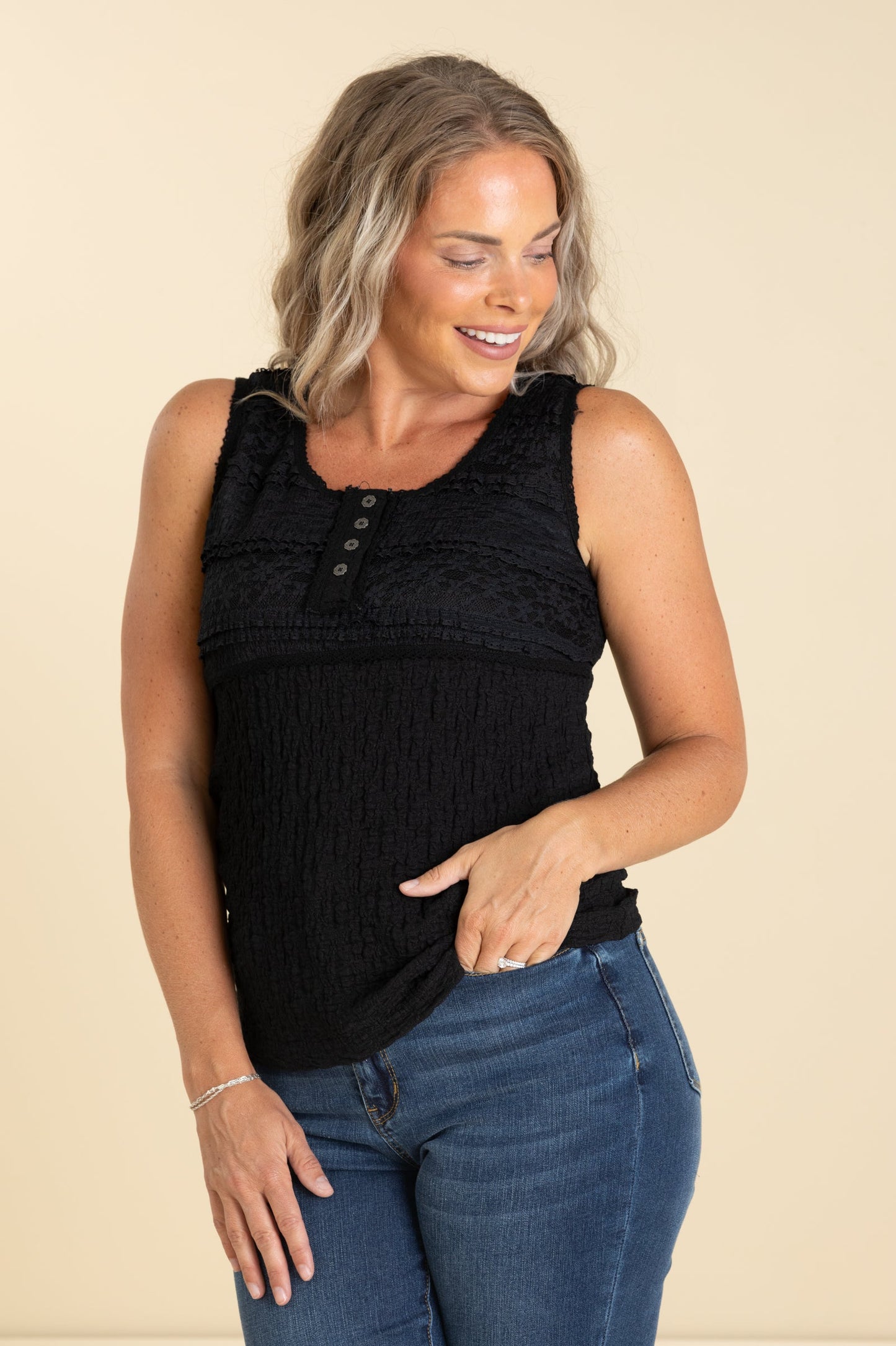 Black Textured Knit Top With Lace Trim