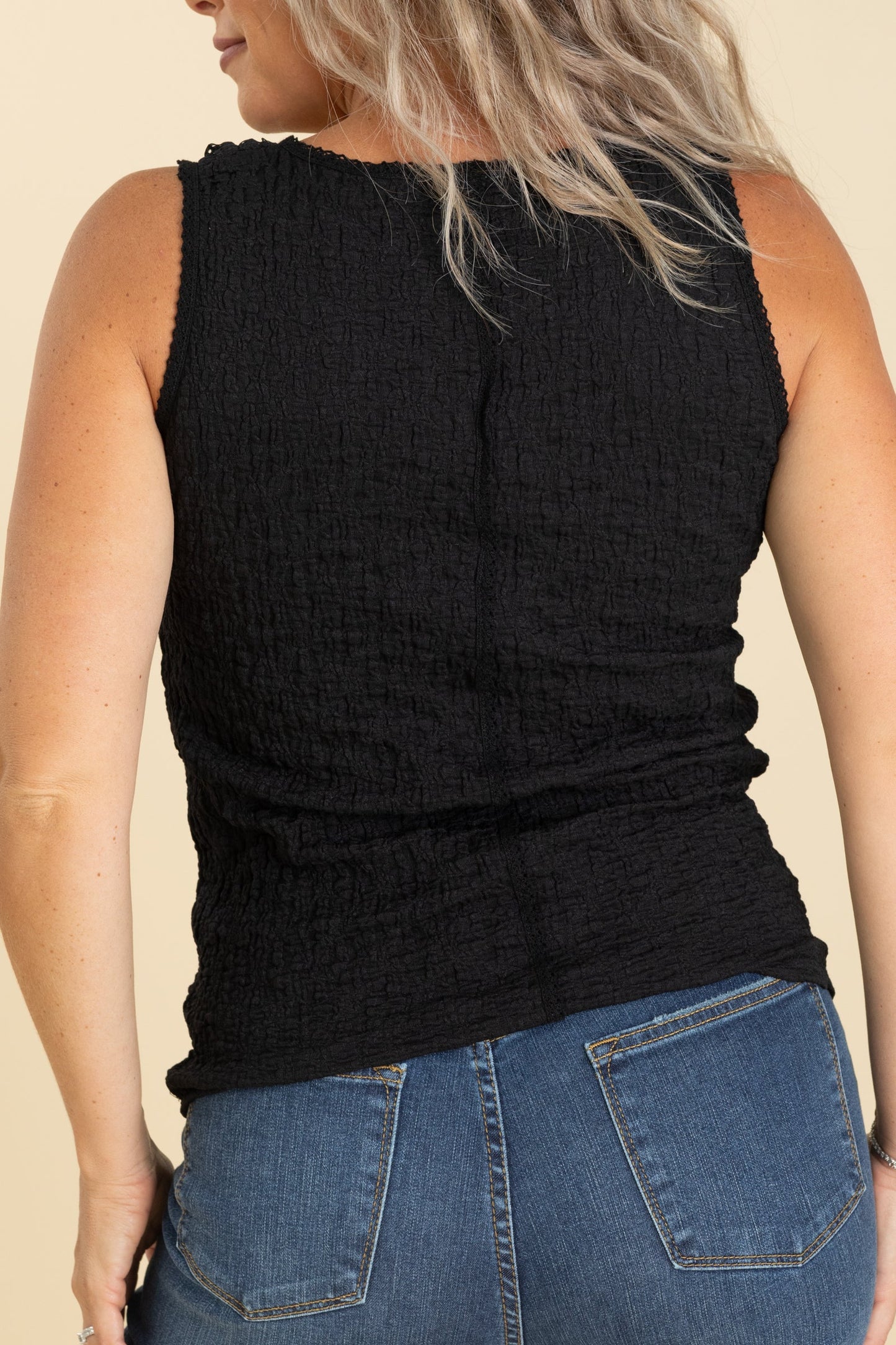 Black Textured Knit Top With Lace Trim