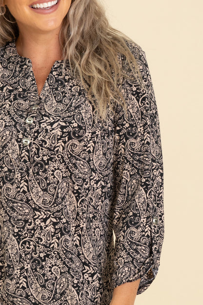 Black Printed Button Liz Wrinkle Free Top