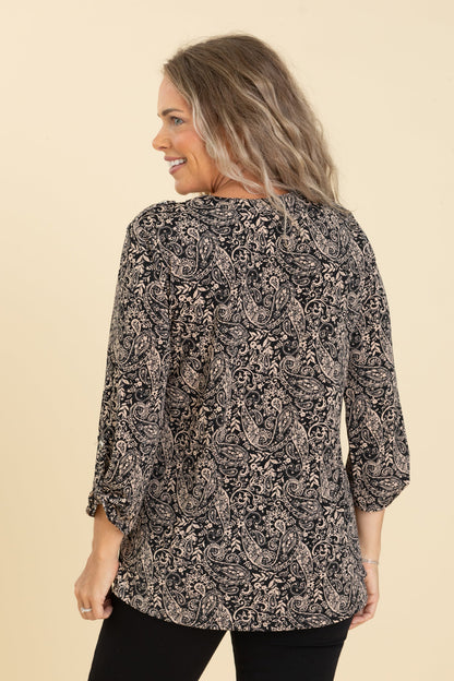 Black Printed Button Liz Wrinkle Free Top