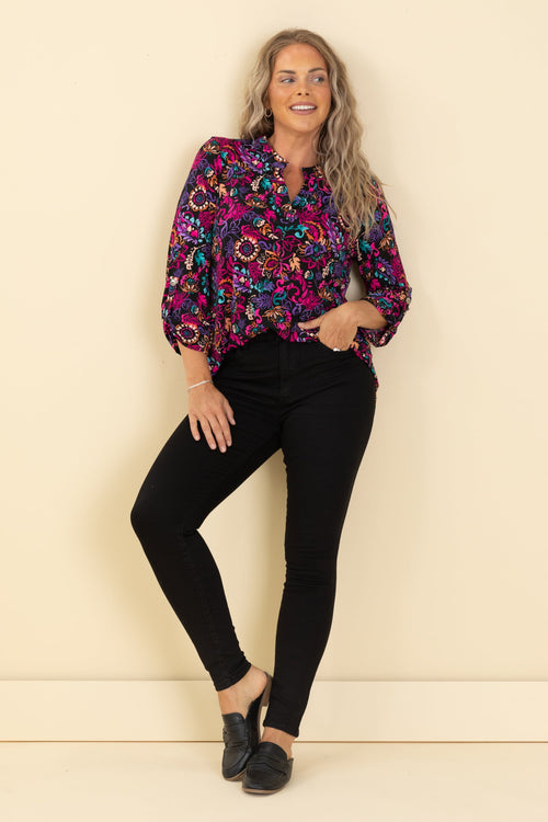 Black Bright Print Lizzy Wrinkle Free Top