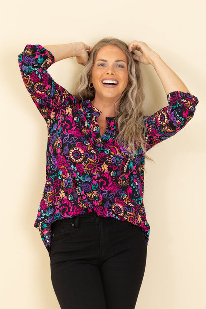 Black Bright Print Lizzy Wrinkle Free Top