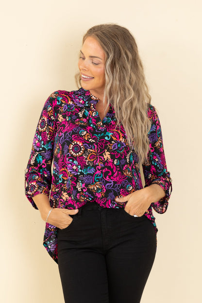 Black Bright Print Lizzy Wrinkle Free Top