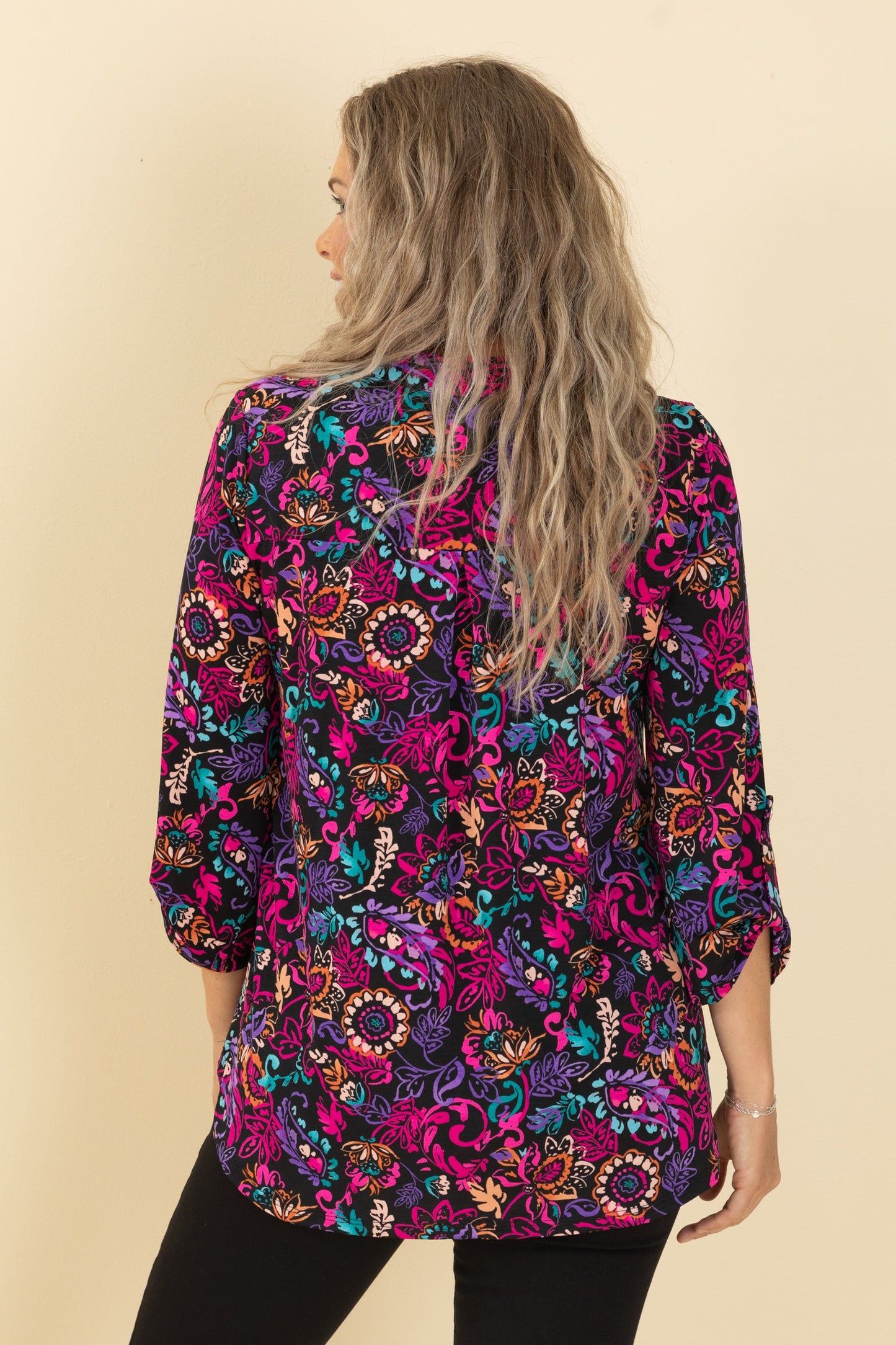 Black Bright Print Lizzy Wrinkle Free Top