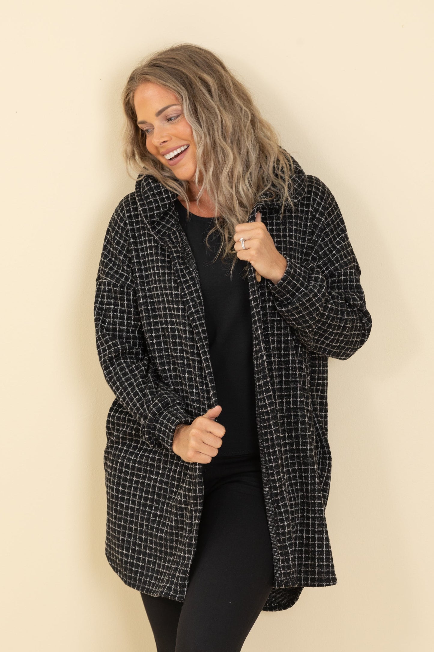 Black Plaid Button Hoodie Cardigan