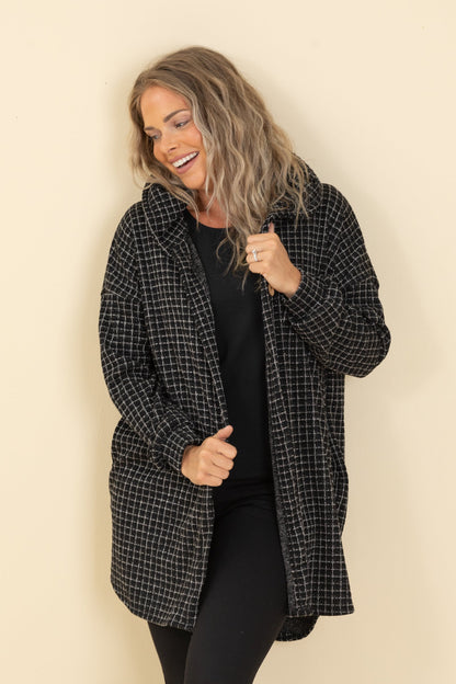 Black Plaid Button Hoodie Cardigan