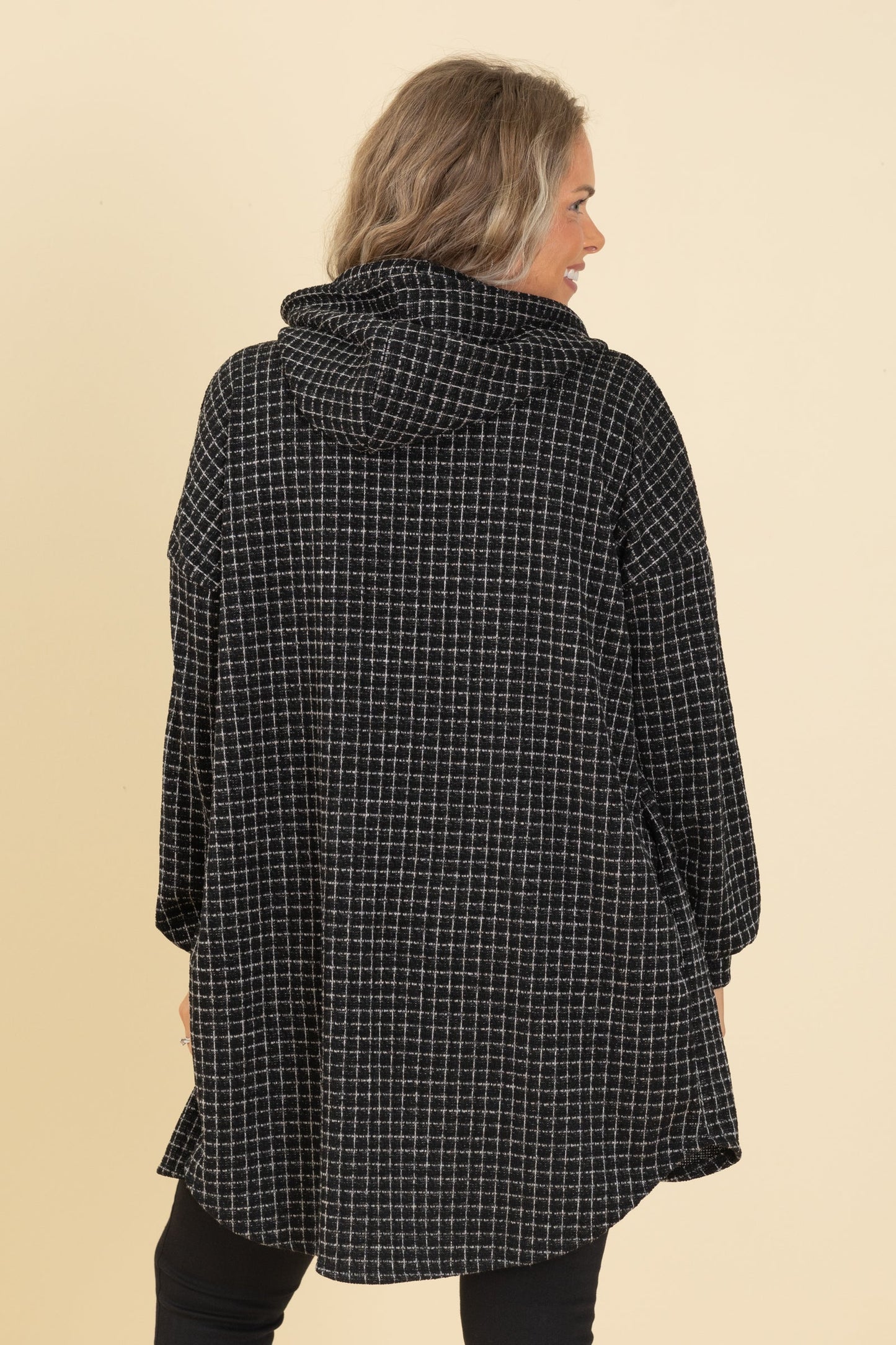 Black Plaid Button Hoodie Cardigan