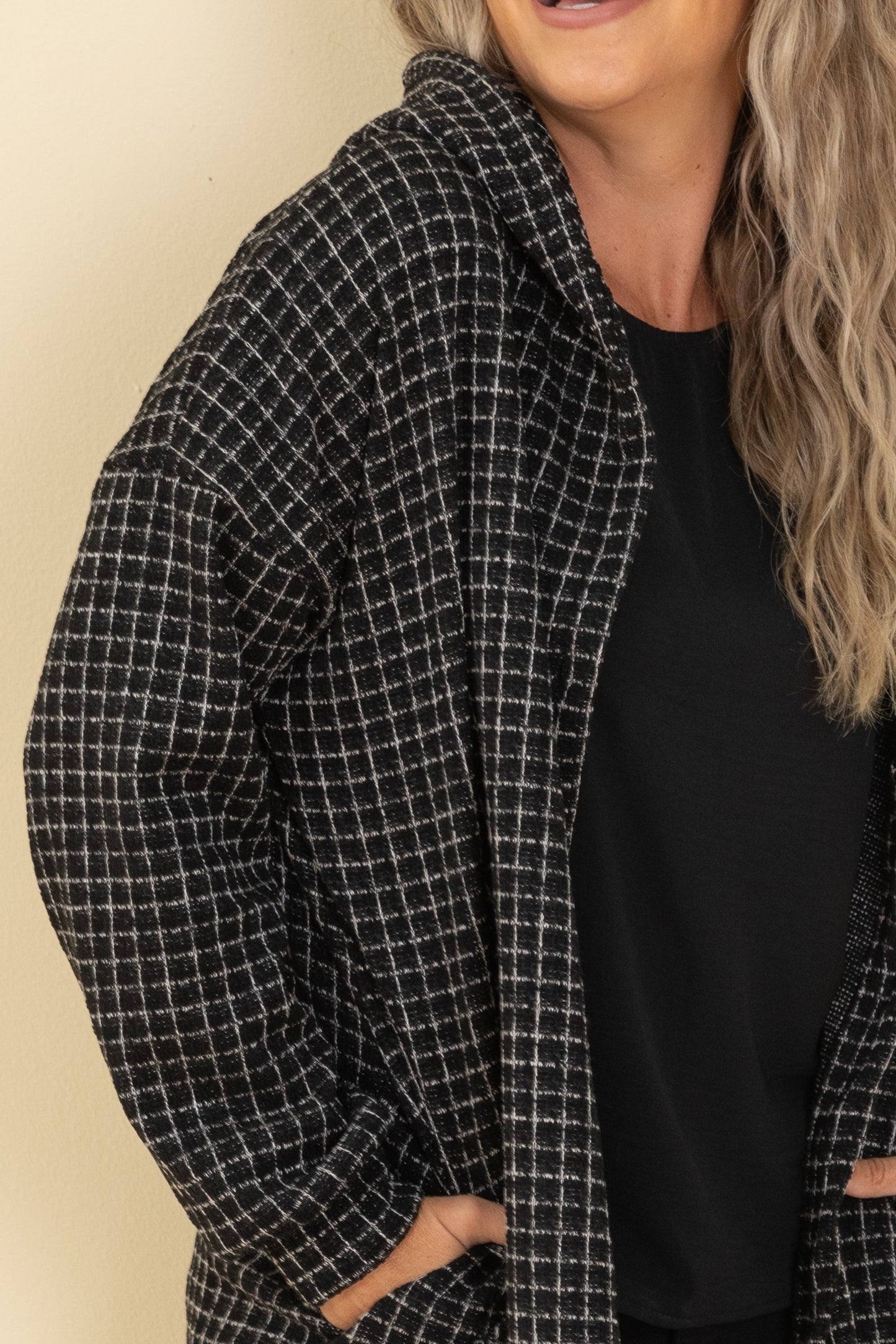 Black Plaid Button Hoodie Cardigan