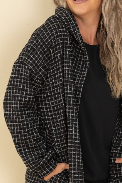 Black Plaid Button Hoodie Cardigan