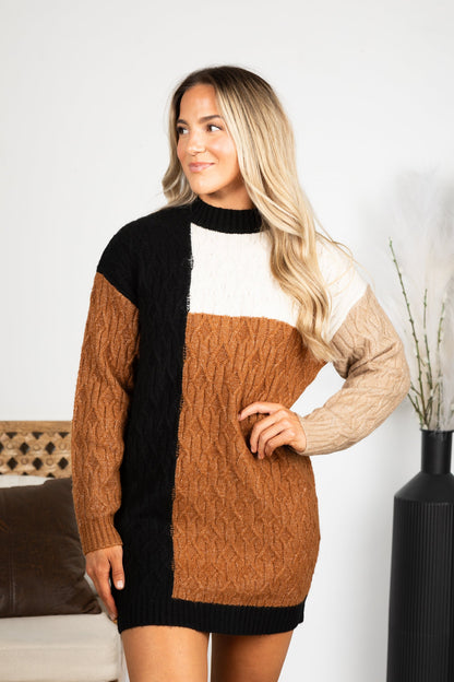 Black Colorblock Long Sleeve Sweater Dress