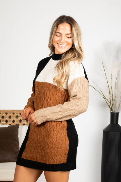 Black Colorblock Long Sleeve Sweater Dress