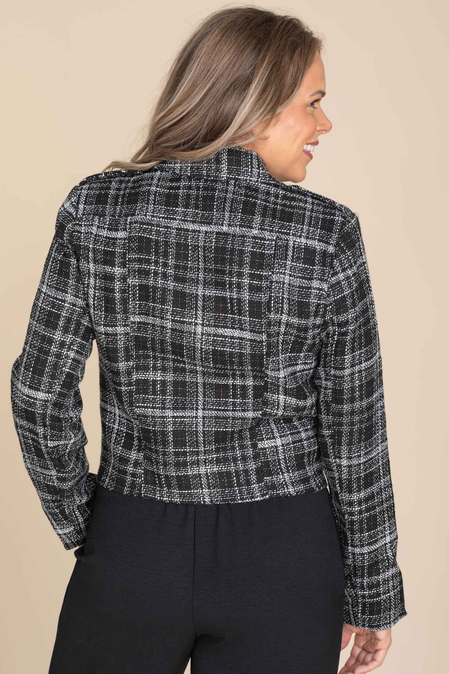 Black Plaid Tweed With Lurex Moto Jacket