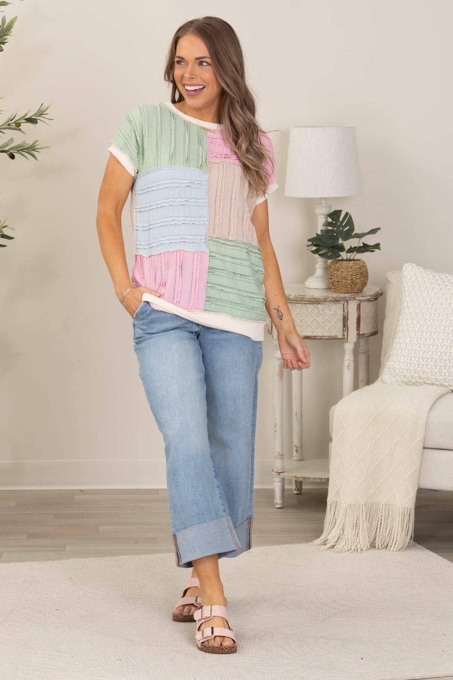 Beige Textured Colorblock Short Sleeve Knit Top