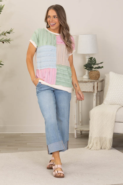 Beige Textured Colorblock Short Sleeve Knit Top