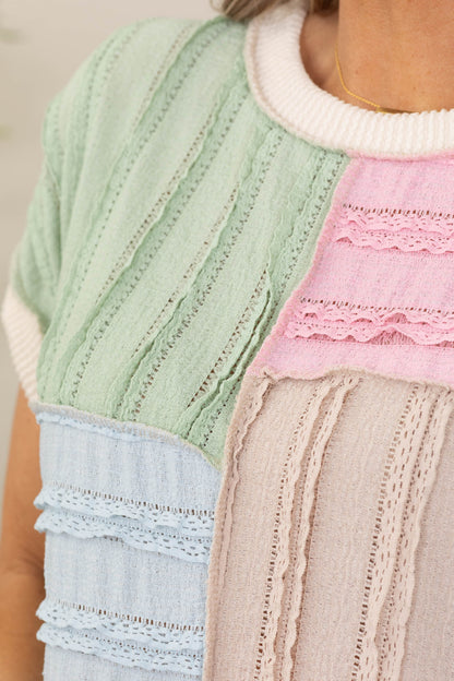 Beige Textured Colorblock Short Sleeve Knit Top