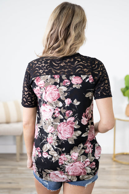Black and Pink Lace Sleeve Floral Print Top