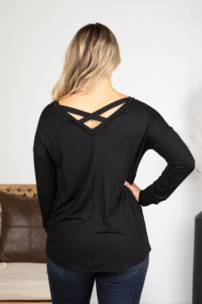 Black Criss-Cross Back Long Sleeve Knit Top