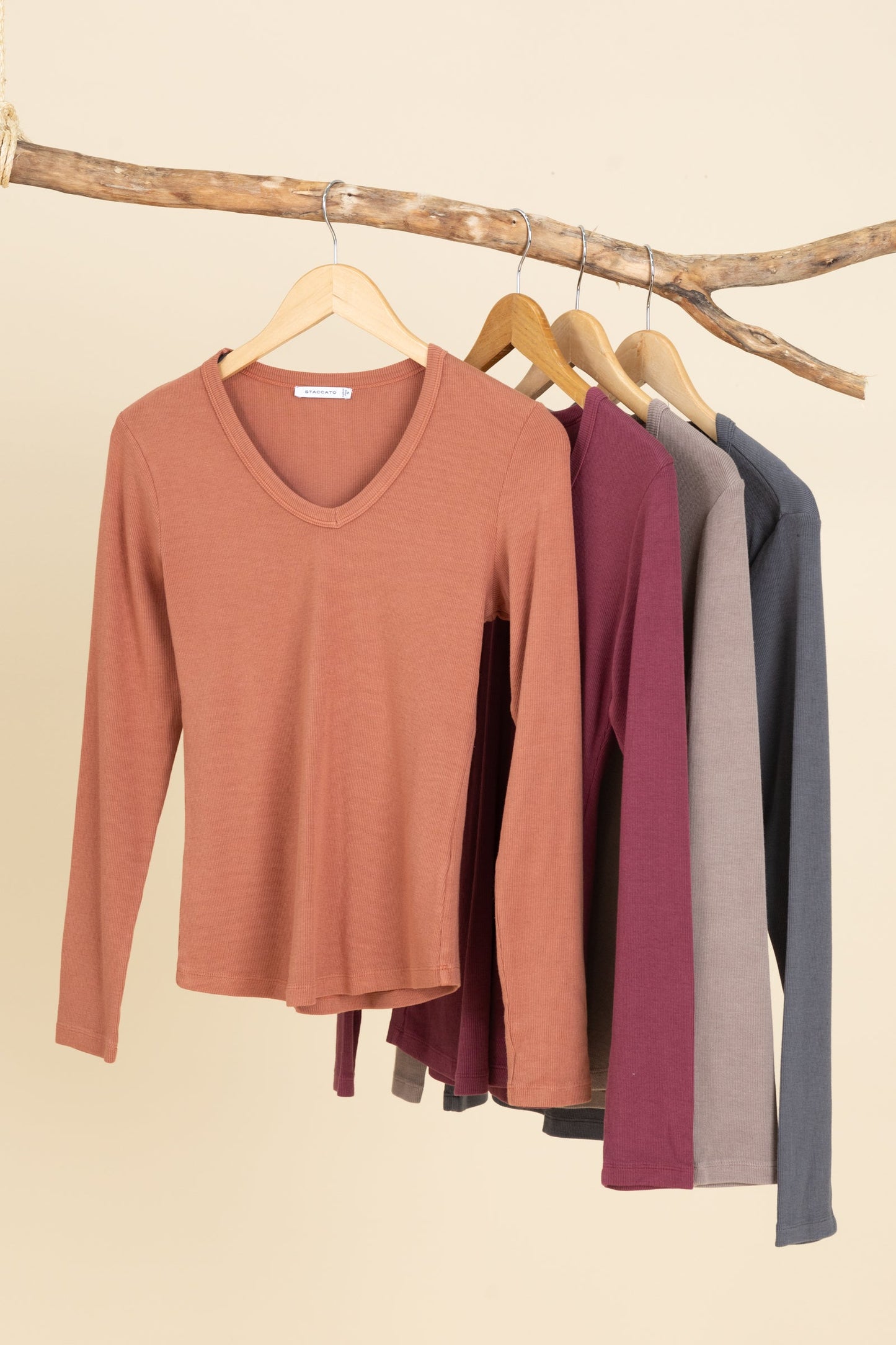 Basic Solid V-Neck Baby Ribbed Knit Tops