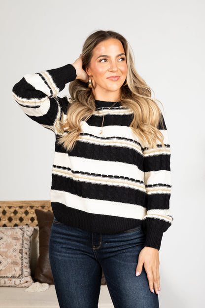 Black Lurex Accent Cable Knit Sweater