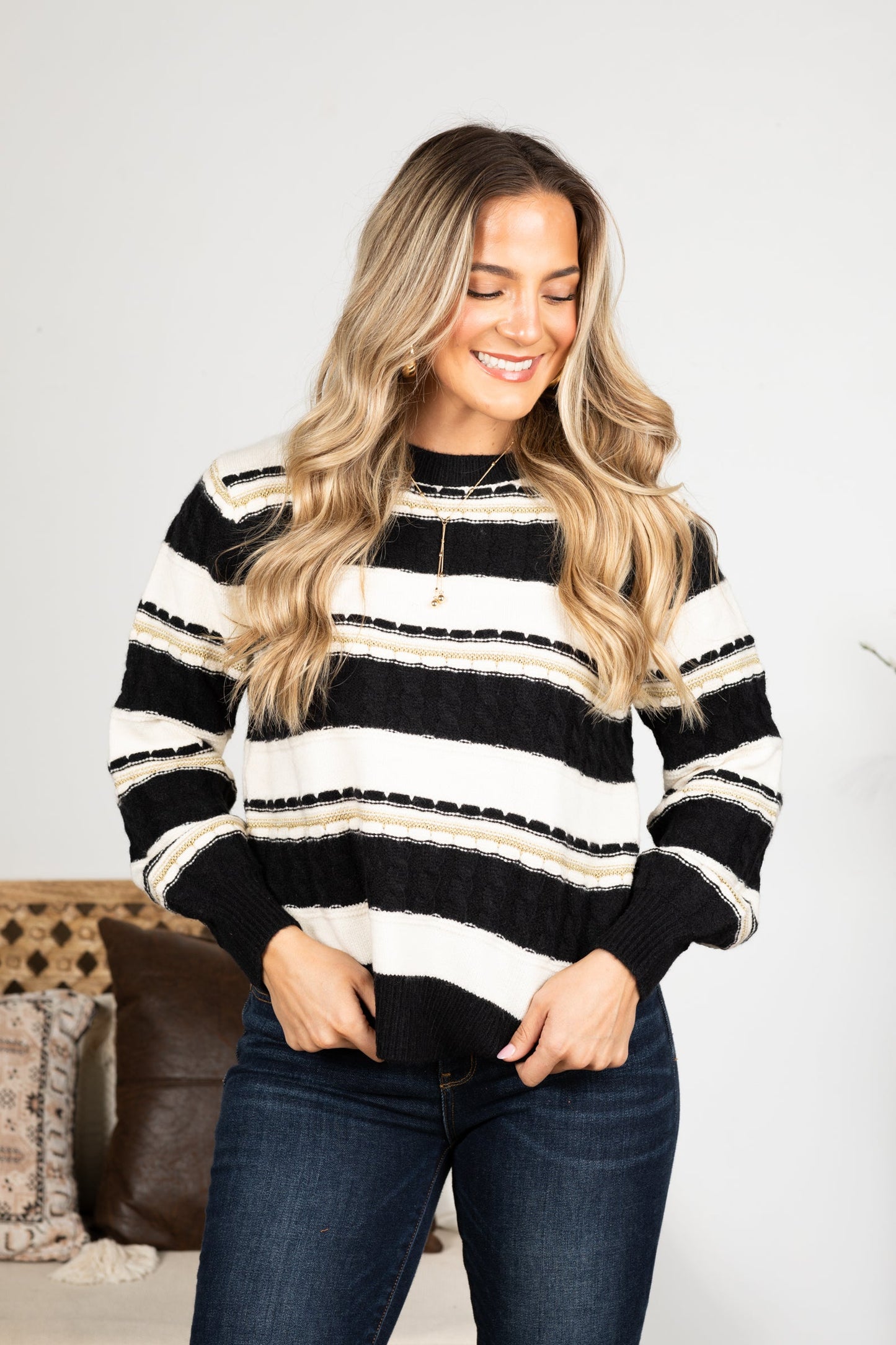 Black Lurex Accent Cable Knit Sweater